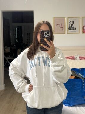 Brandy Melville White Hoodie with Light Blue 'NEW YORK' Lettering